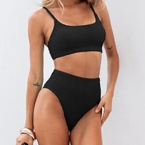 Cupshe Textured Black Scoop Neck High Waisted Bikini Set Size xl